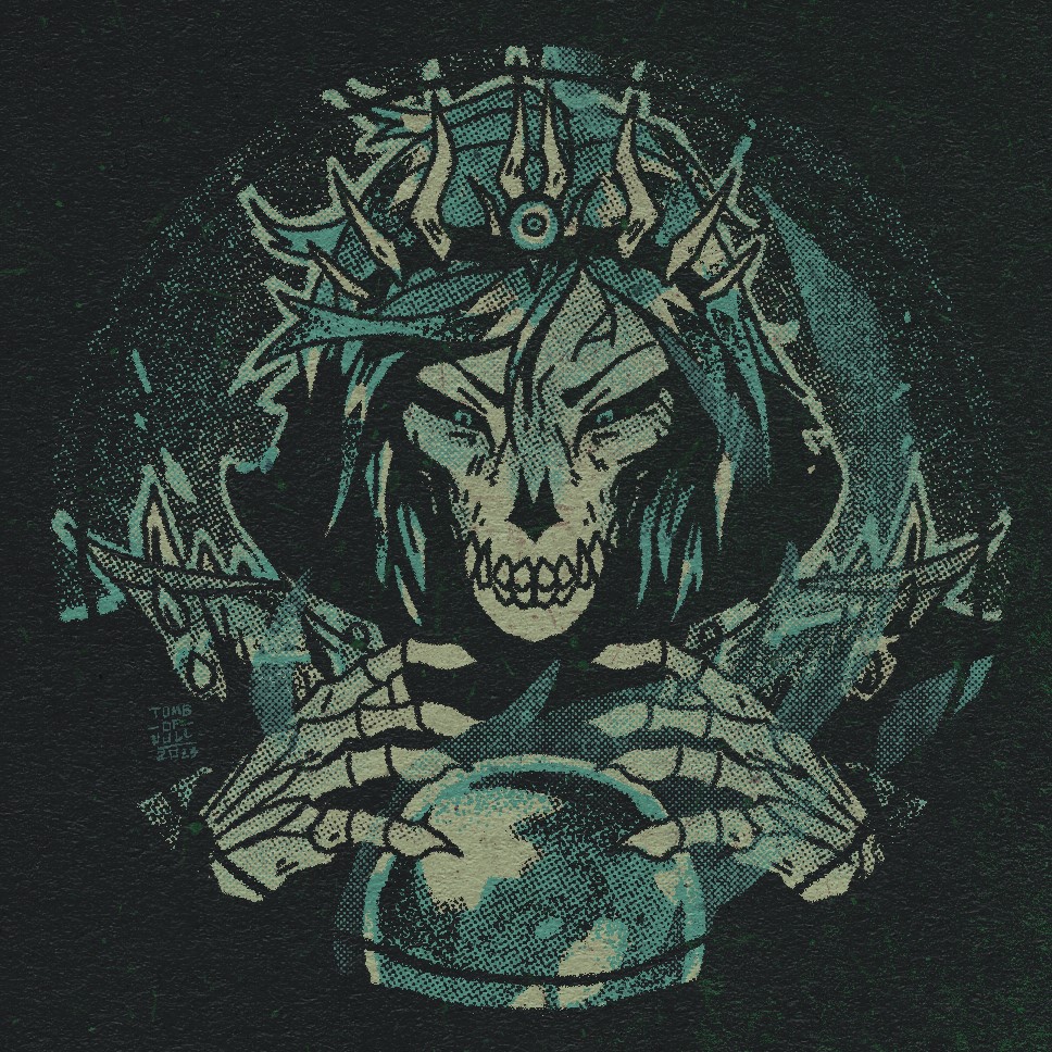 An illustration of a lich queen gazing into a orb. Around her are flecks of magic. Her expression is focused.